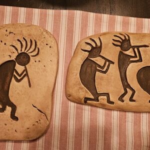 Two Vintage Handmade Clay Kokopelli Hopi Wall Plaques Made in Mexico